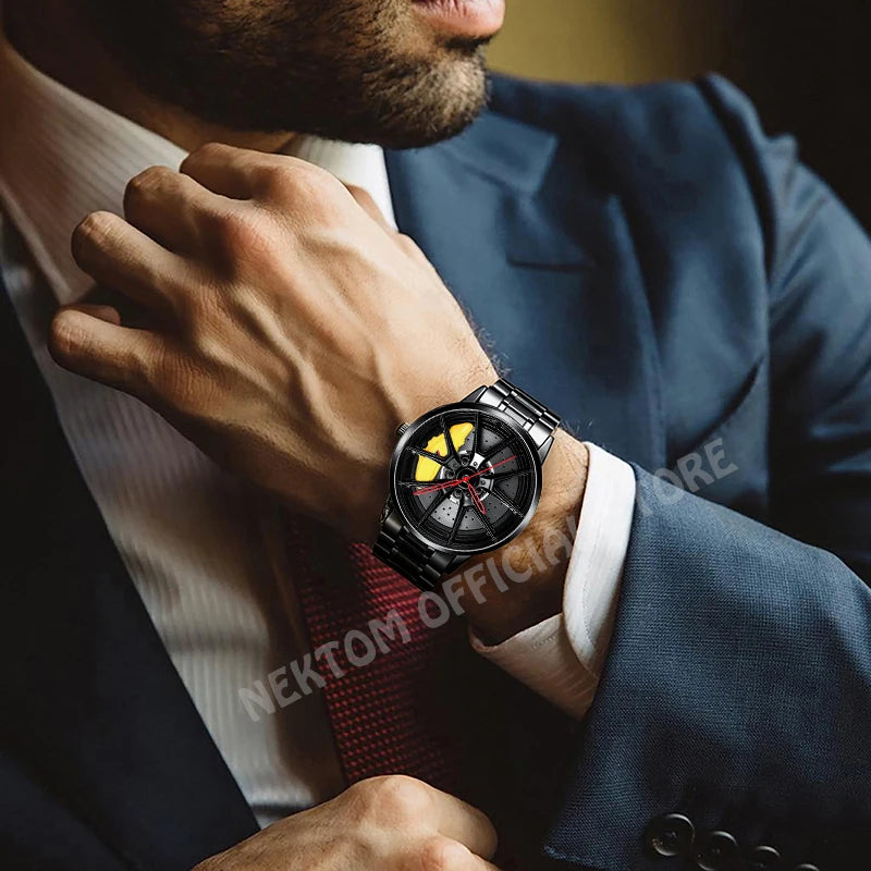 NEKTOM Men's Luxury Sports Car-Inspired Quartz Wristwatch with Waterproof Design and Rim Hub Wheel Detail