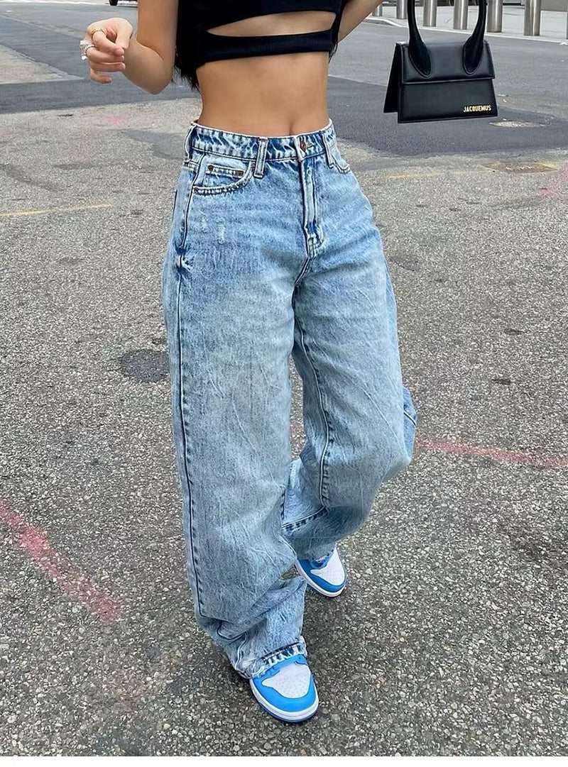 Full Length Women Jeans Solid Distressed Denim Straight Pants Pockets Loose Casual Mid Waist Basics Zipper Fly Flat Washing
