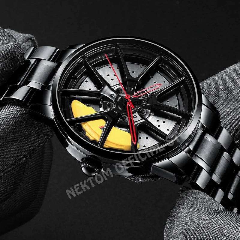 NEKTOM Men's Luxury Sports Car-Inspired Quartz Wristwatch with Waterproof Design and Rim Hub Wheel Detail