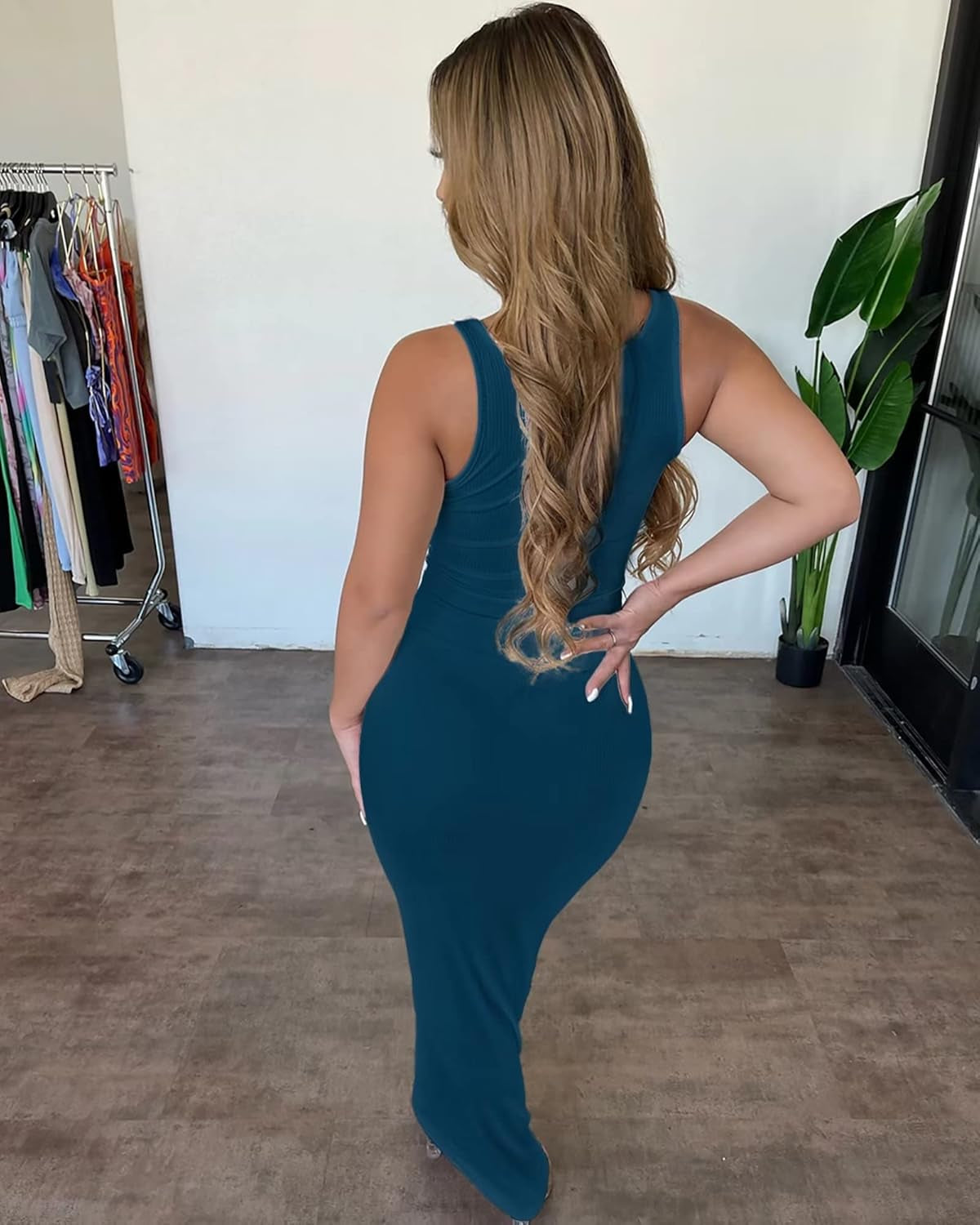 Women's Sexy Summer Maxi Dress – Sleek Bodycon Fit with a Scoop Neck and Side Slit, Crafted from Ribbed Ottoman Fabric, Perfect for the Beach, Club, or Sun-Soaked Days