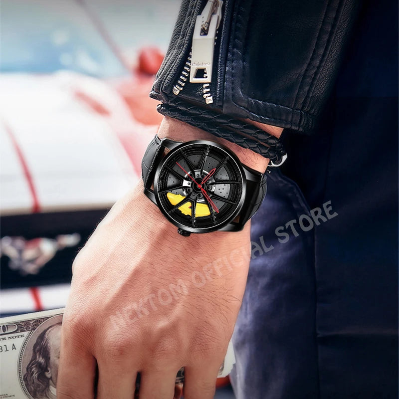 NEKTOM Men's Luxury Sports Car-Inspired Quartz Wristwatch with Waterproof Design and Rim Hub Wheel Detail