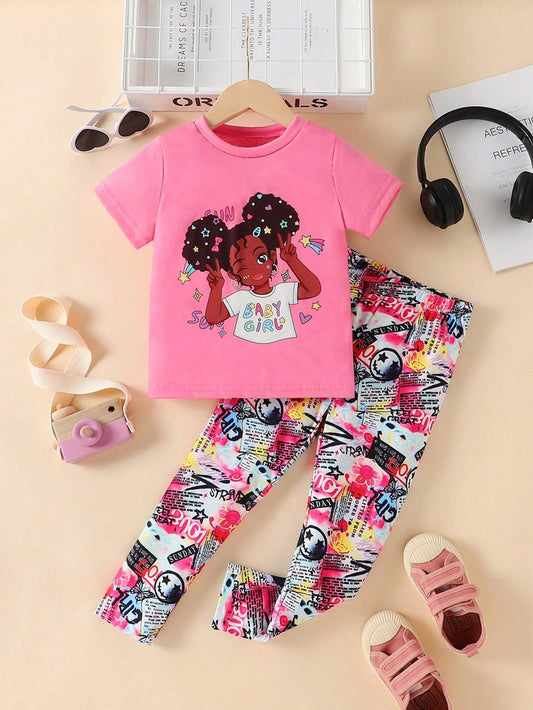 Toddler Girl 2-Piece Outfit – Cartoon Tee & Leggings 💕