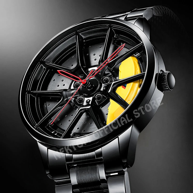 NEKTOM Men's Luxury Sports Car-Inspired Quartz Wristwatch with Waterproof Design and Rim Hub Wheel Detail