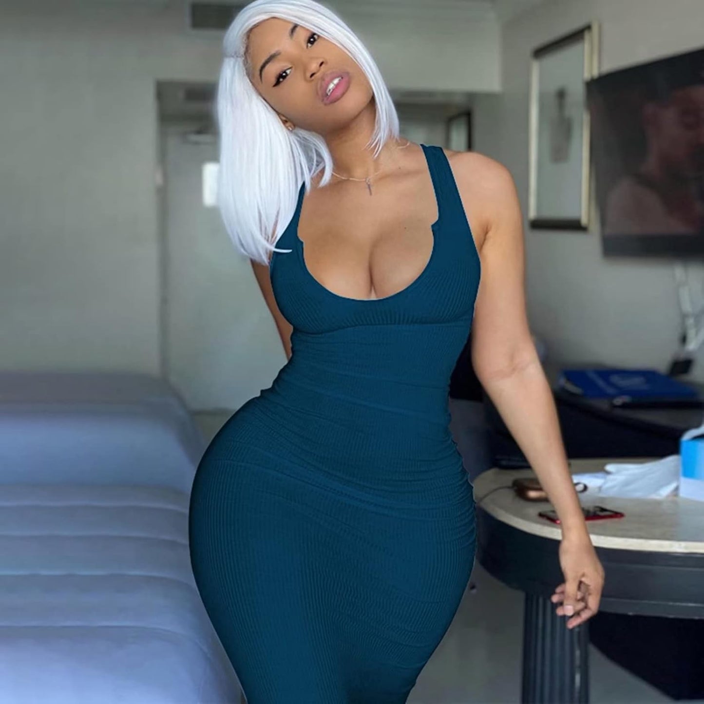 Women's Sexy Summer Maxi Dress – Sleek Bodycon Fit with a Scoop Neck and Side Slit, Crafted from Ribbed Ottoman Fabric, Perfect for the Beach, Club, or Sun-Soaked Days