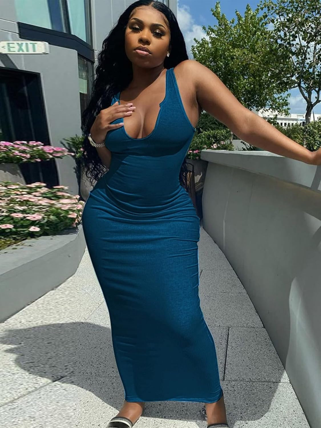 Women's Sexy Summer Maxi Dress – Sleek Bodycon Fit with a Scoop Neck and Side Slit, Crafted from Ribbed Ottoman Fabric, Perfect for the Beach, Club, or Sun-Soaked Days