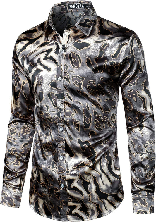 Men’s Hipster Satin Dress Shirt | Slim Fit, Long Sleeve Printed Button-Down