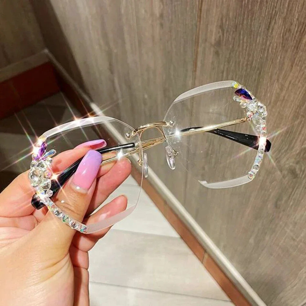 "2025 Luxury Vintage Rimless Rhinestone Sunglasses for Women – Fashion Gradient Lens Sun Glasses Shades"