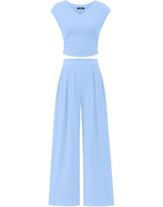 Women’s 2-Piece Rib Knit Set | V-Neck Ruched Top & Wide-Leg Pants for Summer 2025
