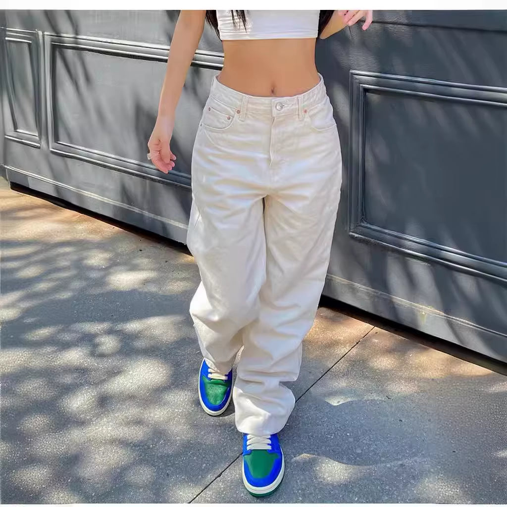 Full Length Women Jeans Solid Distressed Denim Straight Pants Pockets Loose Casual Mid Waist Basics Zipper Fly Flat Washing