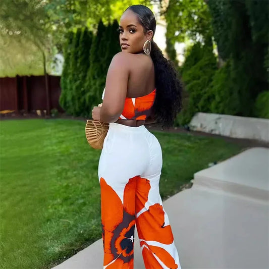 "Floral One-Shoulder Two-Piece Set – Crop Top & Wide-Leg Pants"