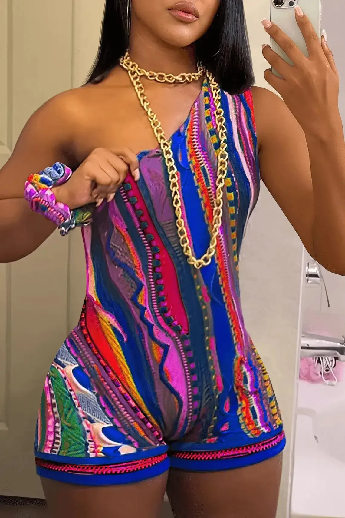 Women's Striped Paisley One-Shoulder Tank & Shorts Set – 2-Piece Summer Outfit