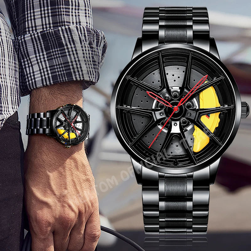 NEKTOM Men's Luxury Sports Car-Inspired Quartz Wristwatch with Waterproof Design and Rim Hub Wheel Detail