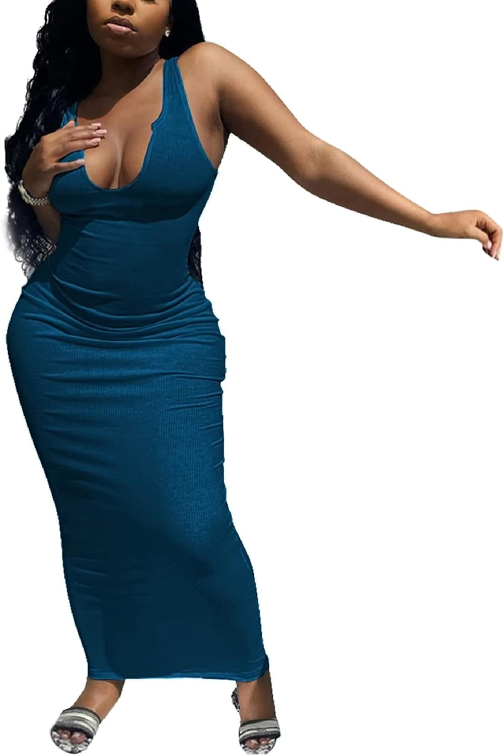 Women's Sexy Summer Maxi Dress – Sleek Bodycon Fit with a Scoop Neck and Side Slit, Crafted from Ribbed Ottoman Fabric, Perfect for the Beach, Club, or Sun-Soaked Days
