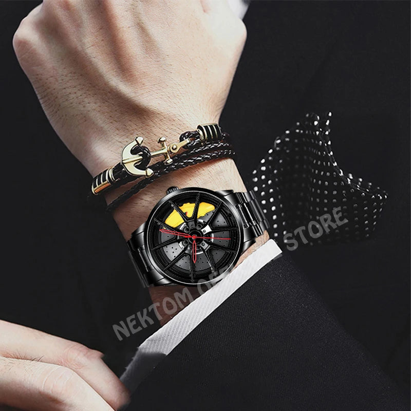 NEKTOM Men's Luxury Sports Car-Inspired Quartz Wristwatch with Waterproof Design and Rim Hub Wheel Detail