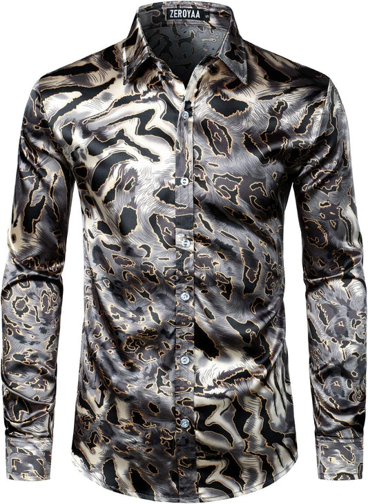 Men’s Hipster Satin Dress Shirt | Slim Fit, Long Sleeve Printed Button-Down