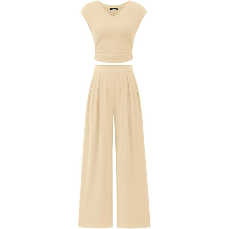 Women’s 2-Piece Rib Knit Set | V-Neck Ruched Top & Wide-Leg Pants for Summer 2025