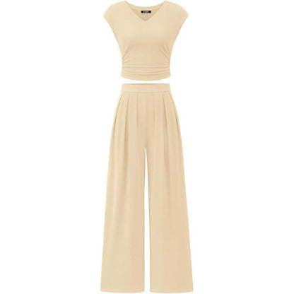 Women’s 2-Piece Rib Knit Set | V-Neck Ruched Top & Wide-Leg Pants for Summer 2025