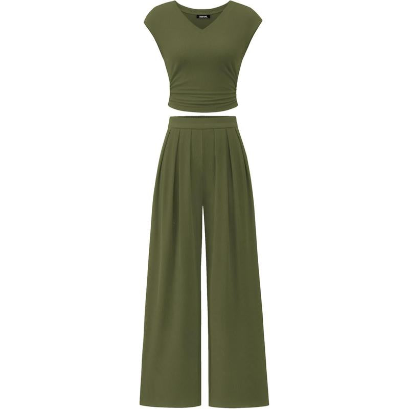 Women’s 2-Piece Rib Knit Set | V-Neck Ruched Top & Wide-Leg Pants for Summer 2025