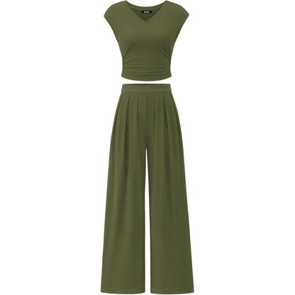 Women’s 2-Piece Rib Knit Set | V-Neck Ruched Top & Wide-Leg Pants for Summer 2025