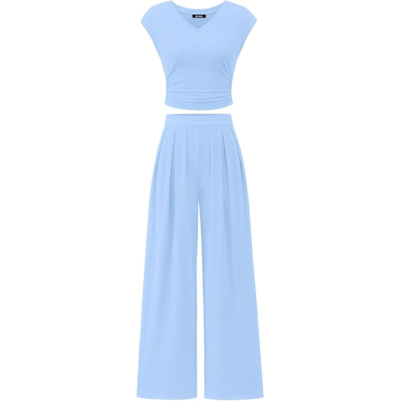 Women’s 2-Piece Rib Knit Set | V-Neck Ruched Top & Wide-Leg Pants for Summer 2025
