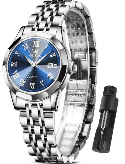 Elegant Women's Blue Dial Watch | Silver Stainless Steel, Waterproof, Analog Quartz