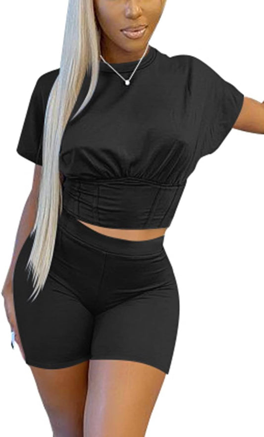 Elevate Your Style with Our Solid Color Two Piece Outfits for Women - Long Sleeve Crop Top & Bodycon Jogger Pants for Effortless Chic