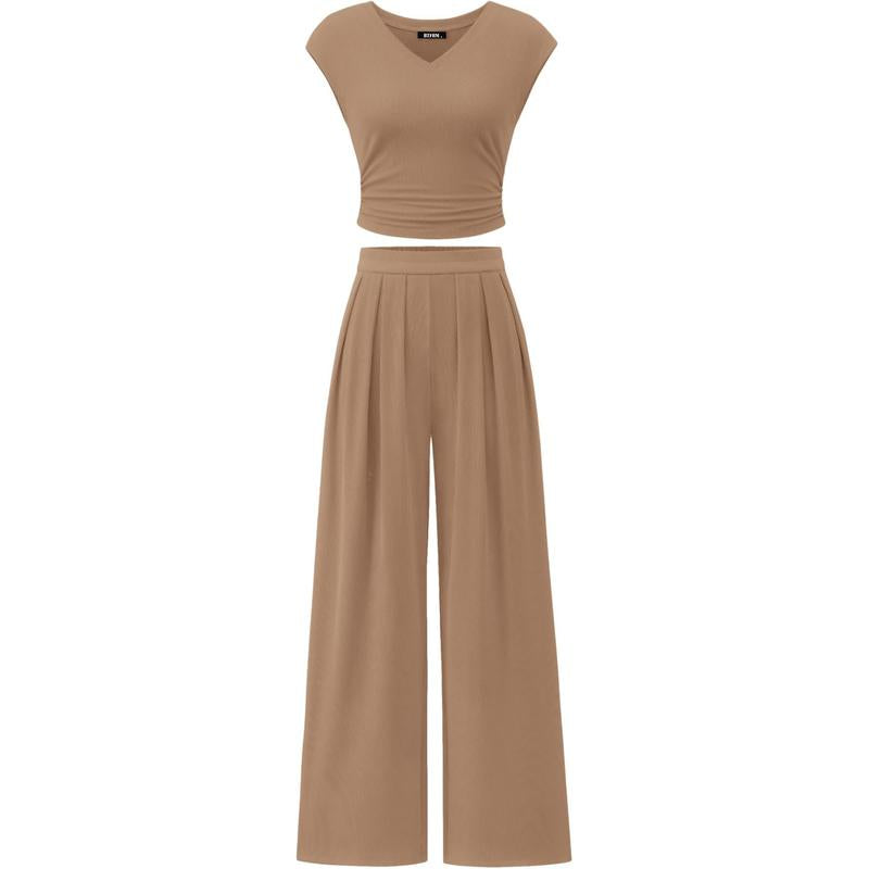 Women’s 2-Piece Rib Knit Set | V-Neck Ruched Top & Wide-Leg Pants for Summer 2025