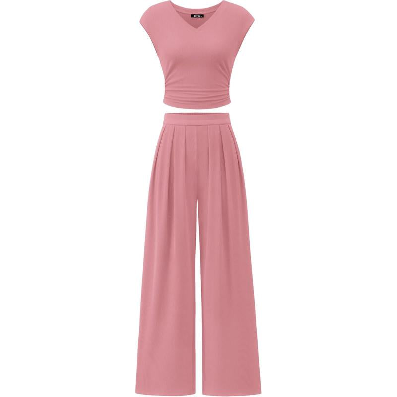 Women’s 2-Piece Rib Knit Set | V-Neck Ruched Top & Wide-Leg Pants for Summer 2025