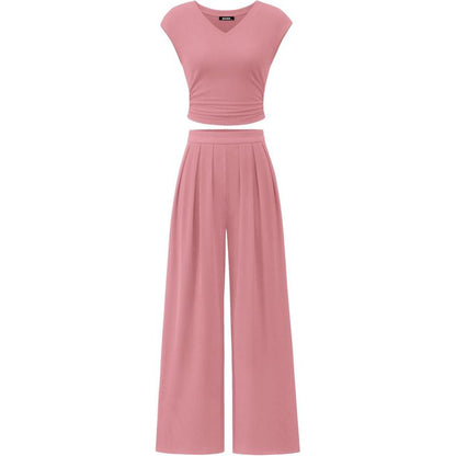 Women’s 2-Piece Rib Knit Set | V-Neck Ruched Top & Wide-Leg Pants for Summer 2025