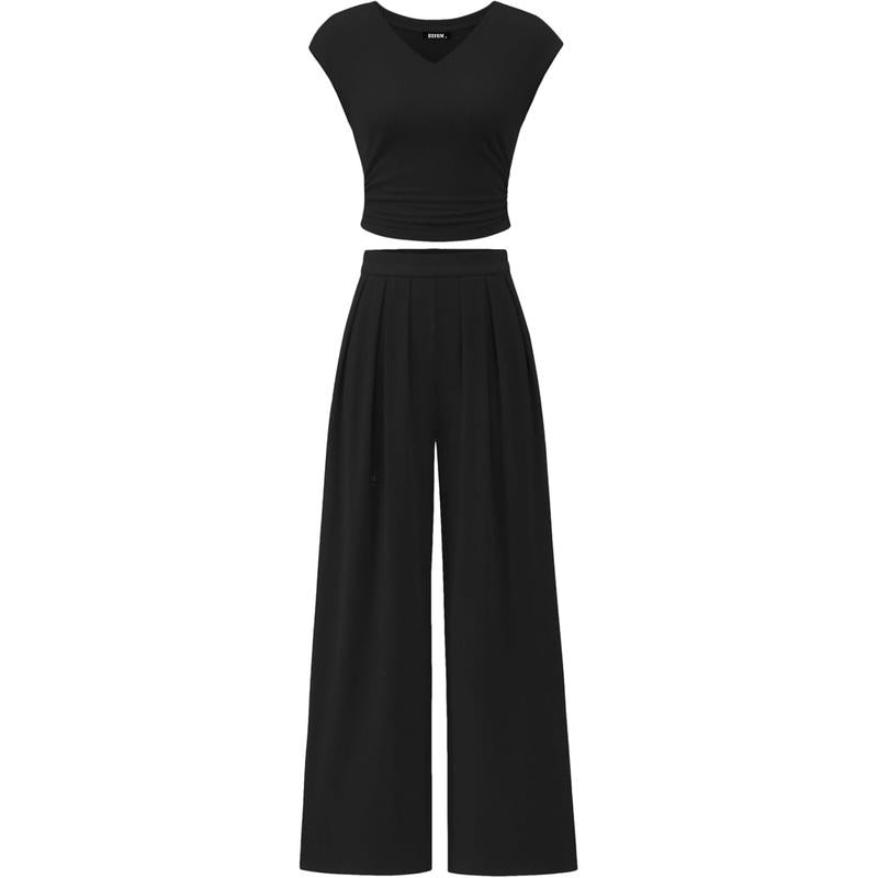 Women’s 2-Piece Rib Knit Set | V-Neck Ruched Top & Wide-Leg Pants for Summer 2025