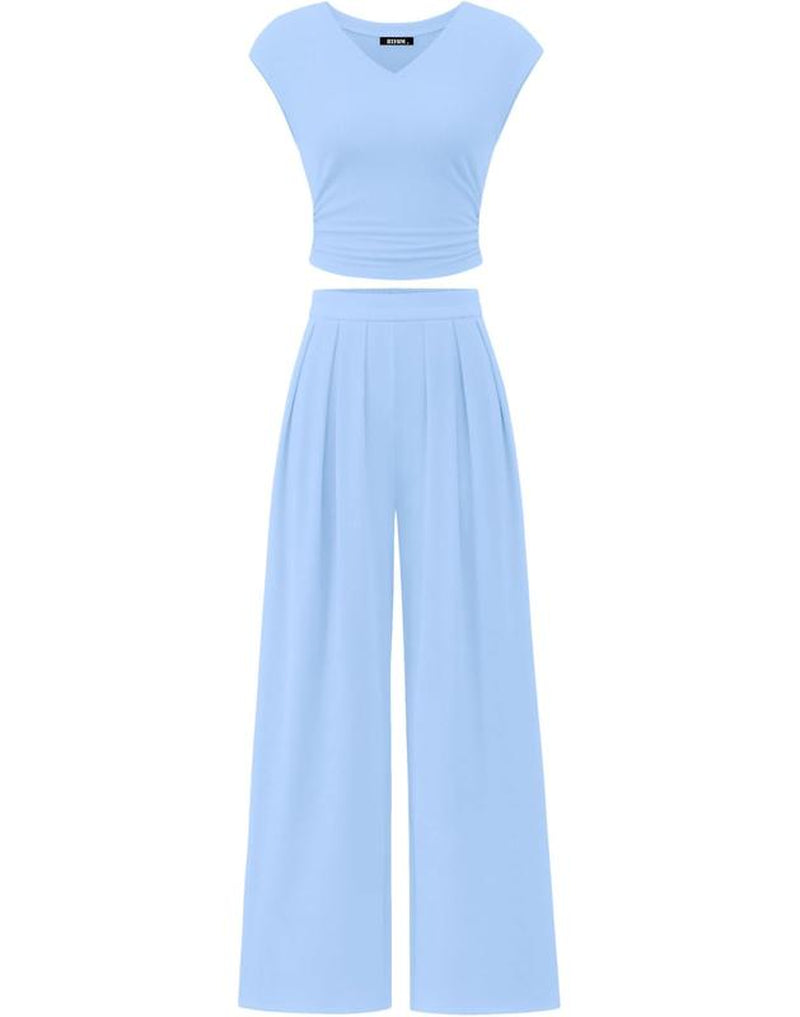 Women’s 2-Piece Rib Knit Set | V-Neck Ruched Top & Wide-Leg Pants for Summer 2025
