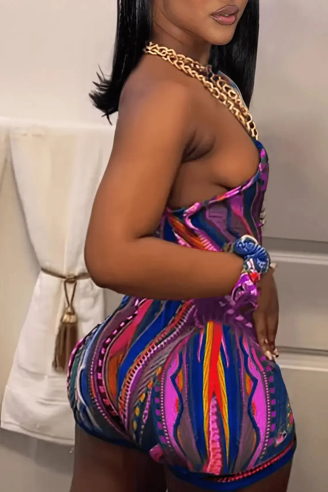Women's Striped Paisley One-Shoulder Tank & Shorts Set – 2-Piece Summer Outfit