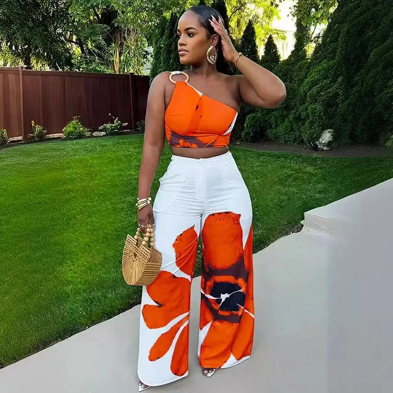 "Floral One-Shoulder Two-Piece Set – Crop Top & Wide-Leg Pants"