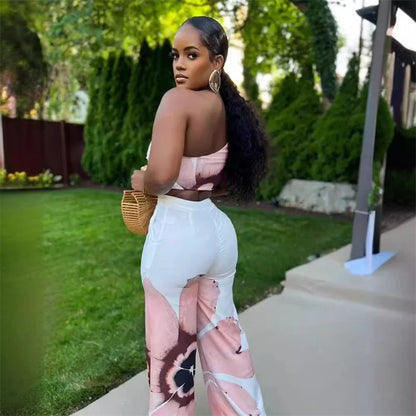 "Floral One-Shoulder Two-Piece Set – Crop Top & Wide-Leg Pants"