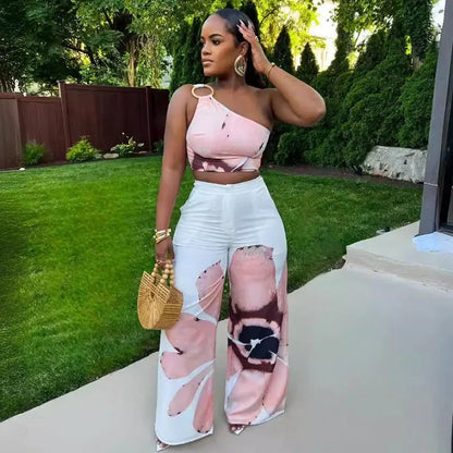 "Floral One-Shoulder Two-Piece Set – Crop Top & Wide-Leg Pants"