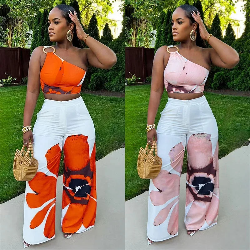 "Floral One-Shoulder Two-Piece Set – Crop Top & Wide-Leg Pants"