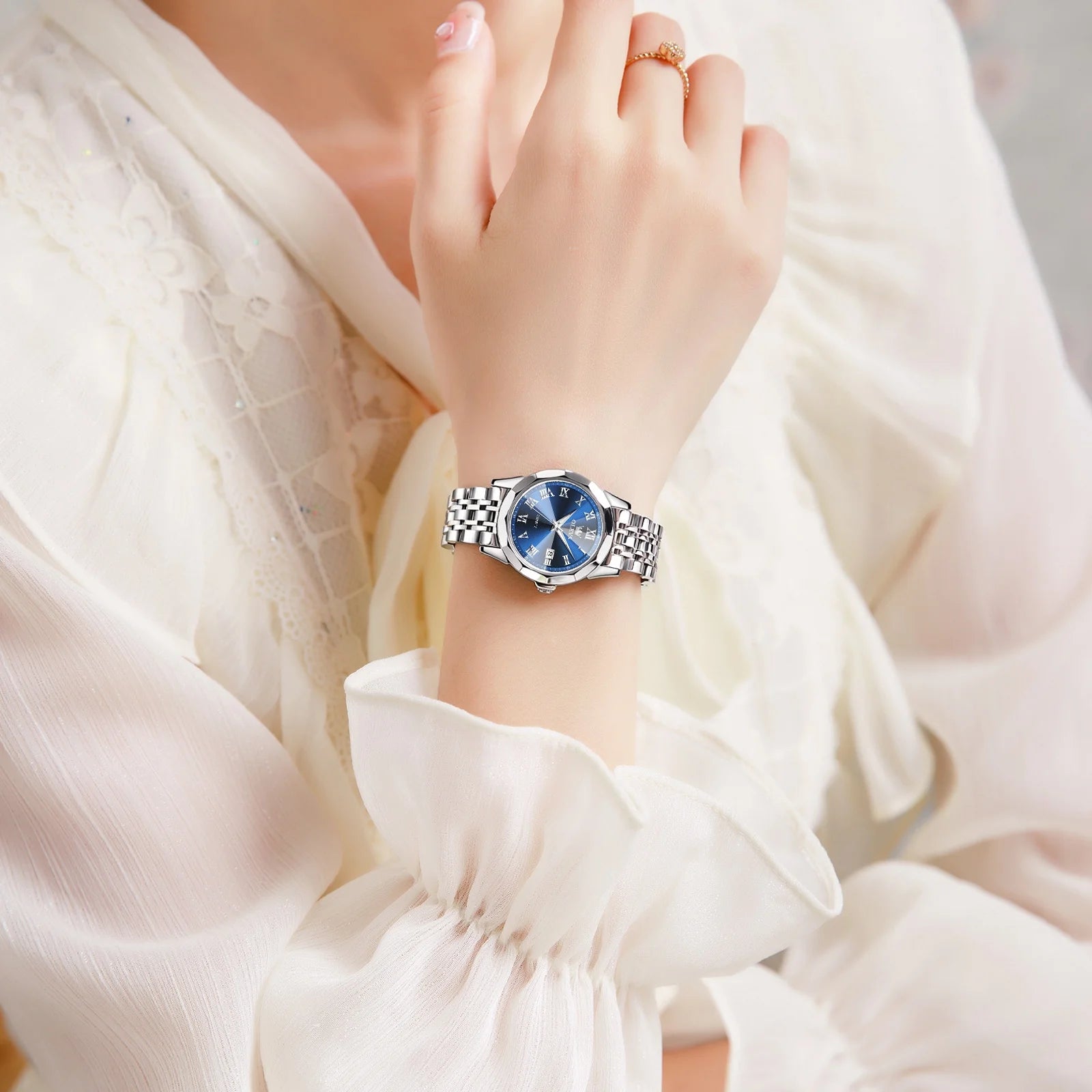 Elegant Women's Blue Dial Watch | Silver Stainless Steel, Waterproof, Analog Quartz
