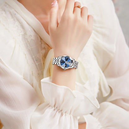 Elegant Women's Blue Dial Watch | Silver Stainless Steel, Waterproof, Analog Quartz