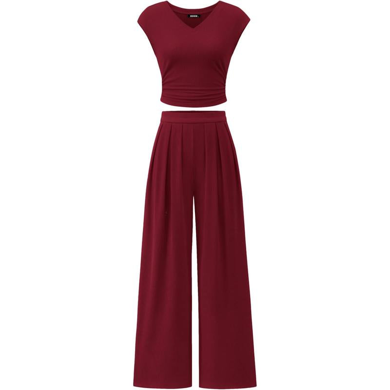 Women’s 2-Piece Rib Knit Set | V-Neck Ruched Top & Wide-Leg Pants for Summer 2025