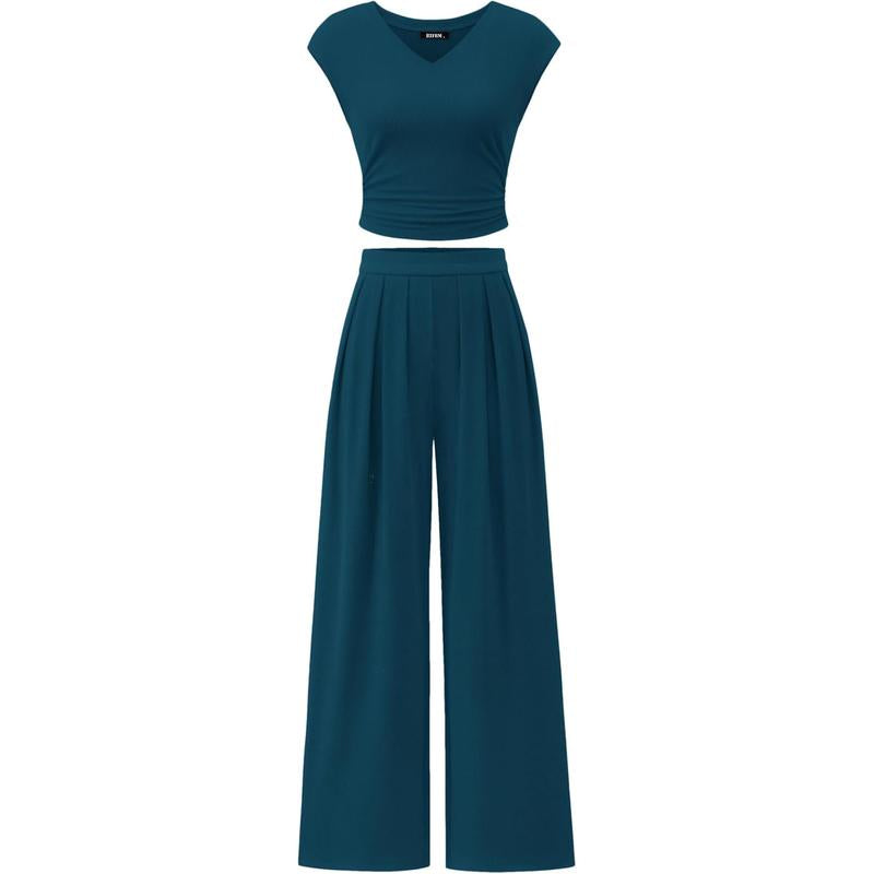 Women’s 2-Piece Rib Knit Set | V-Neck Ruched Top & Wide-Leg Pants for Summer 2025