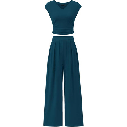 Women’s 2-Piece Rib Knit Set | V-Neck Ruched Top & Wide-Leg Pants for Summer 2025