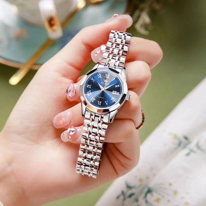 Elegant Women's Blue Dial Watch | Silver Stainless Steel, Waterproof, Analog Quartz